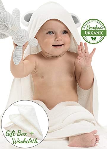 Organic Baby Hooded Towel and Washcloth Set - Premium Bamboo Hooded Bath Towel with Cute Ears - Soft, Large Baby Towel with Hood for Infant, Toddler - Unisex for Boy or Girl - Grey Bear