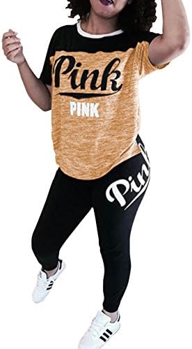 Womens Pink Letter Print Short Sleeve Top Long Pant 2 Piece Sport Outfits Jumpsuits