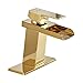 BWE Gold Waterfall Bathroom Sink Faucet Single Handle One Hole Deck Mount Lavatory,Gold Finish