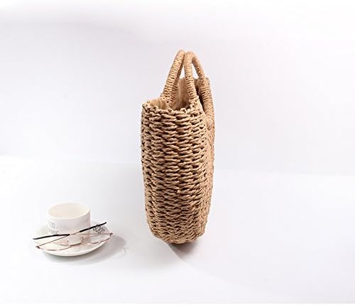 VOANZO Natural Retro Hand-Woven Straw Handbag, Stylish Simple Round Handle Beach Bag,Paper Rope Round Bucket Woven Female Bag(Brown) - Image 5