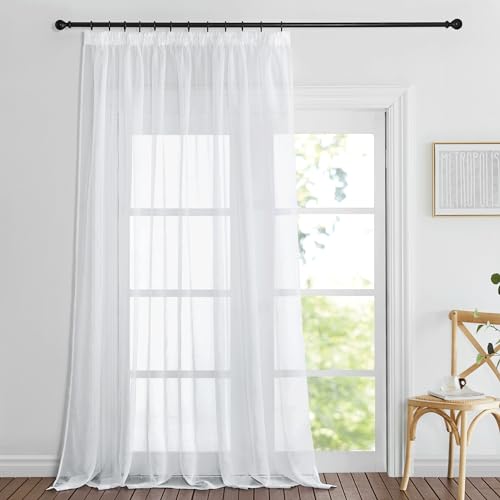 PONY DANCE Transparente Gardinen für Schienensystem Weißer Vorhang mit Kräuselband Modern Vorhänge Wohnzimmer Leinenoptik Sheer Voile Curtains for Living Room, 1er Set H 260 x B 200 cm