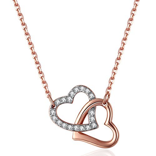 Lelekiss Rose Gold Swarovski Crystal Interlocking Hearts Pendant Necklace for Women, 18\'\'