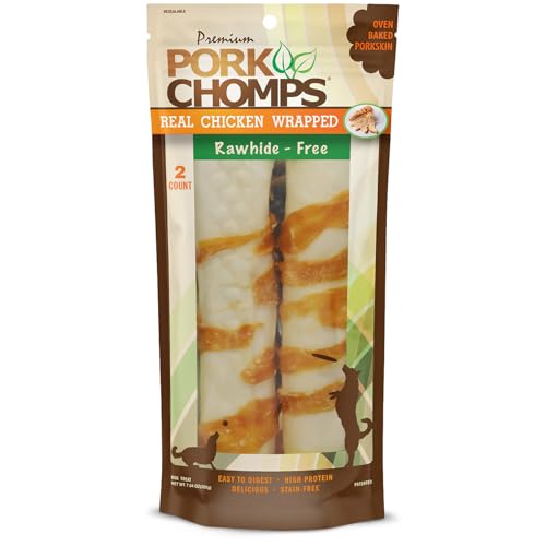 Pork Chomps Baked Pork Skin Dog Chews, 8-inch Rolls, Real Chicken Wrap, 2 Count
