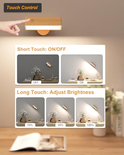 DetarZinLED Wall Lamp with USB Charging Battery, Rechargeable Bedside Lamp, Adhesive Interior Wall Lamps for Bedroom without Cable (Beech Wood, 2 Pcs)