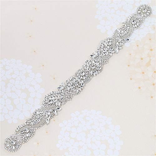 Thick Rhinestone Bridal Applique Diamante Patch with Beaded Crystal Jeweled Sequin Diamond Decoration Sew Iron on Garter Applique Wedding Dress Sash Belt Clothes Embellishments