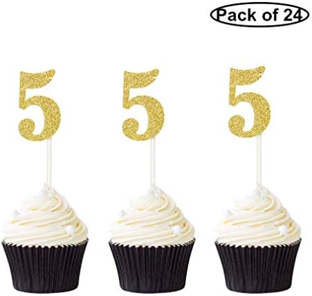 Pack of 24 Number 5 Cupcake Toppers Gold Glitter 5th Birthday Cupcake Picks Anniversary Party Decor