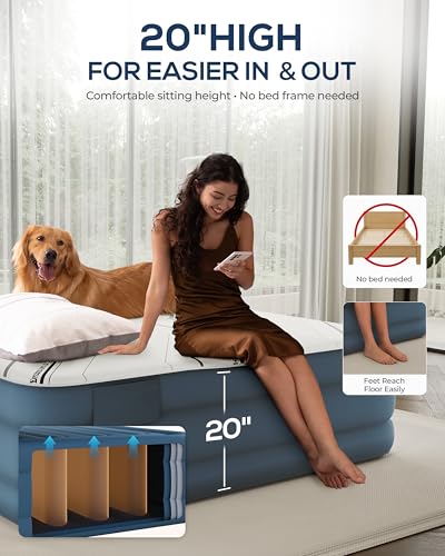 Tencity Queen Air Mattress with Built-in Pump, 20” Luxury Blow Up Mattress with 3cm Quilted Foam Topper, Extra Firm Support, Quiet Inflatable Bed for Guests, Home & Temporary Sleep, 660 lbs