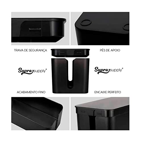 Caixa Para Organizar e Esconder Fios Cabos Hack Tomadas Filtro de Linha Com Trava de Proteção para Pets Supra Supply (Preto, 32cm)