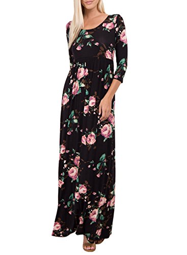 ZESICA Women's 3/4 Sleeve Floral Printed Empire Waist Pockets Long Maxi Dress