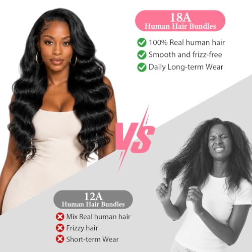 18A Human Hair Bundles 3 Bundles 22 24 26 Inch Body Wave Bundles Human Hair, 100% Weave Bundles Human Hair, No Tangle No Shedding Reusable Natural Color for Women