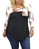 Urban Rose Womens Plus-Size 3/4 Ruched Sleeve Colorblock Top,3X,Ivory Floral/Solid Black