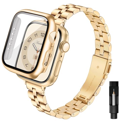 Aniaboho Kompatibel Mit Apple Watch Armband Gold 45Mm Mit Schutzhülle, Ersatz Edelstahl Metall Iwatch Armband Damen Mit Hülle Für Apple Watch Series 9 8 7 45Mm, Schmuck Für Fraue(Gold)