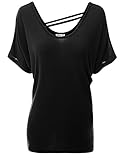 Doublju Women Short Sleeve Loose Fit Open Back Drape Knit Jersey Top Black XL
