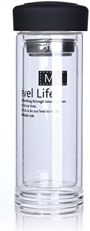 Easy to Clean Handy Portable Double Wall Insulated Borosilicate Glass Water Bottle with Removable Stainless Steel Strainer and No Leak PP Lid. (Black)