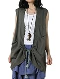 Mordenmiss Women's New Linen Sleeveless Vest Front Big Pockets Tops