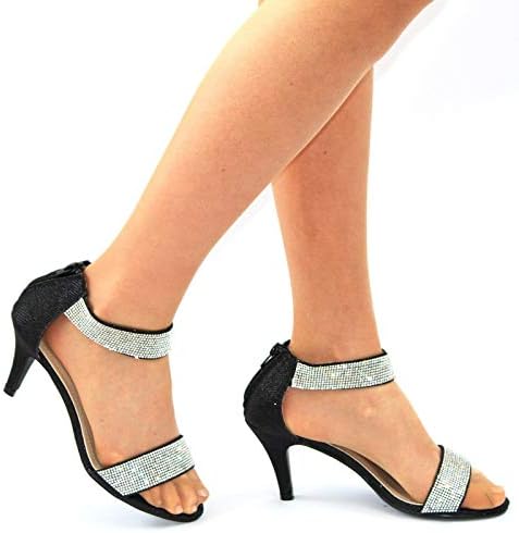 0101 New Ladies Diamante Low Kitten Heel Ankle Strap Sandals 3-8