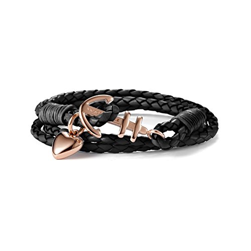 VICTORIA HYDE Anchor Heart Love Bracelet Nautical Marine Braid Wrap Weave Knit Leather (Black, S)