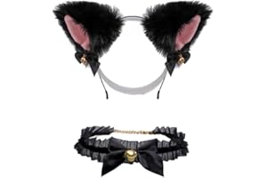 Fox Ears Headband & Lace Choker Set - Plush Animal Ear & Adjustable Necklace for Cosplay Costume(black)
