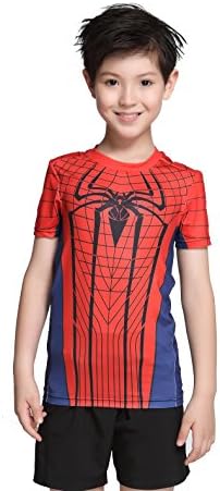 LAMCE Youth Movie SuperHero Series Compression Sports Shirt For Boy Girl Young Quick-drying Short Sleeve Tee (28(Hight:150-155CM,Weight:35KG), spider man)