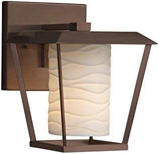 Limoges - Patina Small 1-Light Outdoor Wall Sconce - Cylinder with Flat Rim Translucent Porcelain Shade with Waves Design - Dark Bronze Finish - LED