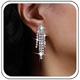 Yheakne Vintage Crystal Tassel Drop Earrings Silver Cz Chain Earrings Rhinestone Chandelier Dangle Earrings Long Crystal Chain Earrings Jewelry for Women