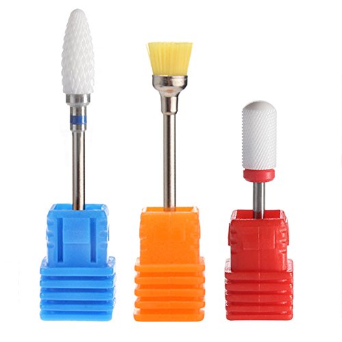 Ceramic Nail Drill Bit Set Electric Medium Grit Gel Remove Polishing Pedicure Nail Art Tools, 3/32 Inchl with Cleaning Brush for Removing Gel and Acrylics Set of 3