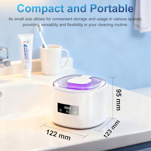 Ultrasonic Cleaner 50 kHz, Rechargeable Ultrasonic Cleaner 2000 mAh with 4 UV Lamps, 230 ml Container for Dentures, Toothbrushes, Aligners, Retainers, Dentures, Jewellery – White