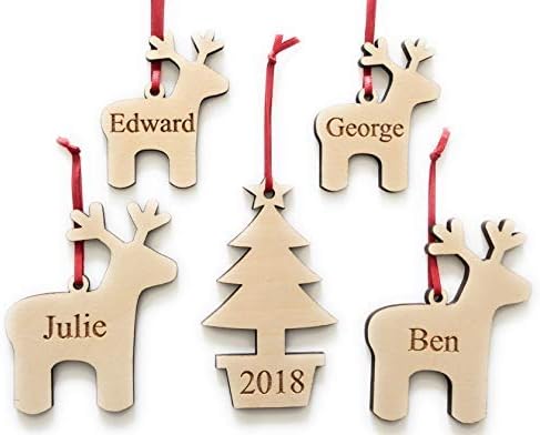 Alphabet barn Personalised Christmas Decoration SET | Xmas reindeer and tree bauble design | Engraved name
