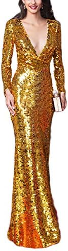 Fnina Womens's Long V-neck Sequins Prom Dresses Formal Gown Size 12 Gold