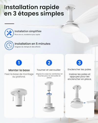Hisummer 106 cm Ceiling Fan with Light, E27 Connection Only with Base Supplied, Quick Assembly Silent Reversible Ceiling Fan with Remote Control for Bedrooms, Living Rooms, Kitchens