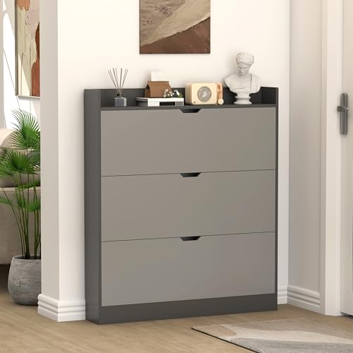 RWDKDTX Zapatera, Mueble Organizador de Zapatos Madera para 3 Cajones Abatibles, Zapateras Modernas 15 Pares Cerradas, Vertical Zapatero para Entrada de Casa, Recibidor,100 * 17 * 115CM, Gris