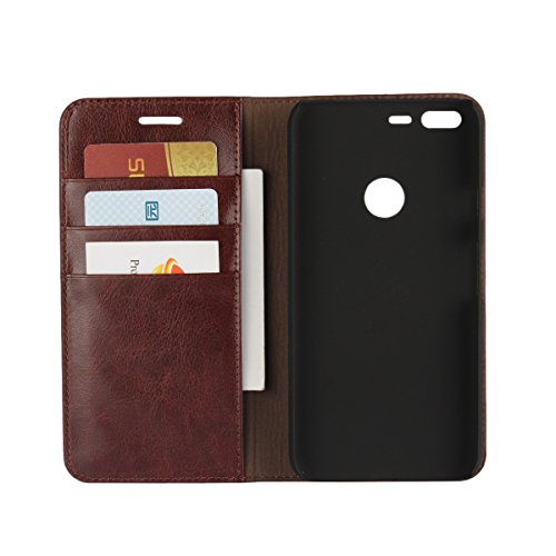 Google Pixel XL Wallet Case, Jaorty Genuine Leather Folio Flip Case Cover Book Design with Kickstand Feature with Card Slots/Cash Compartment for Google Pixel XL (5.5") - Dark Brown - Thumbnail 4
