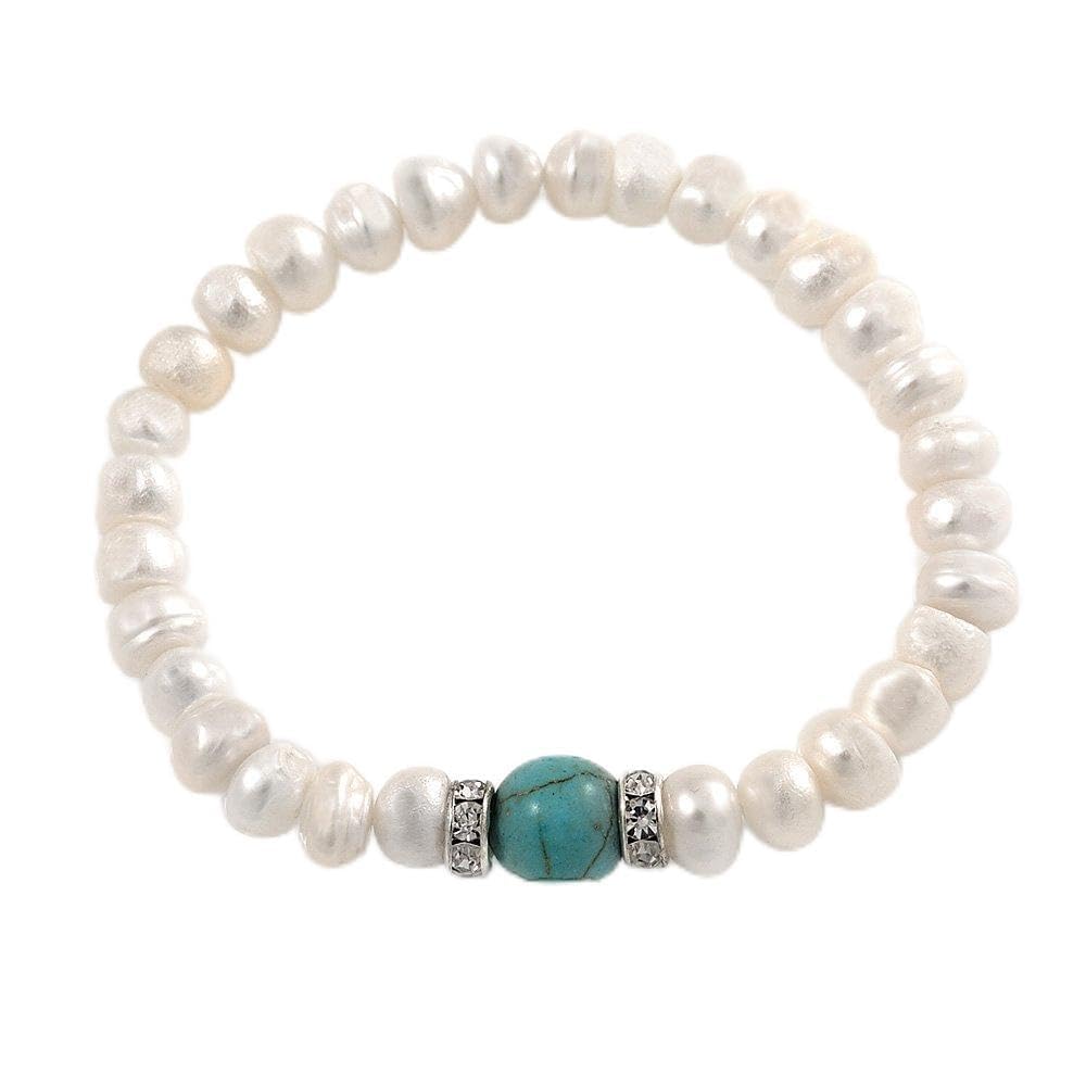 Avalaya 7-8mm White Freshwater Pearl with Turquoise Bead Flex Bracelet - 18cm L
