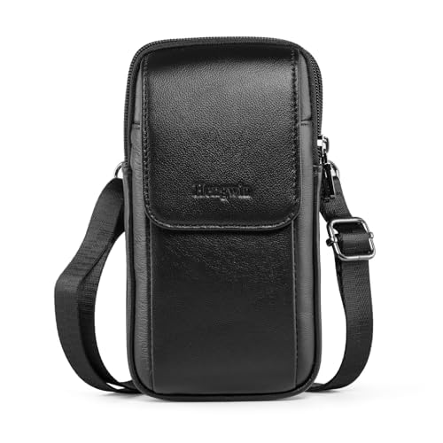 Hengwin Multifunctional Genuine Leather Double Zip Bags Men Vintage Look Shoulder Bag Mobile Phone Belt Bag Phone Holster for Travel, Outdoor Activities (Black)