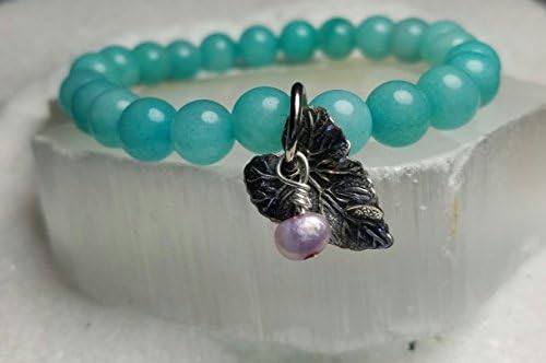 Sweet Leaf Jade Bracelet. Aqua blue echos of fall bracelet. Fallen Leaf Bracelet. Lavender Pearl Bracelet. Stretch Bracelet. Stack Bracelet. Abundance and Well Being Bracelet. #HoneyBeMe