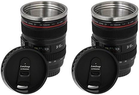 Thermo Lenscup 11 oz Insulated Beverage Tumbler with Easy Clean Lid- Made with Stainless Steel for Durability- Modeling Canon EF 24-105mm Camera Lens, (2 Pack)-unique gift for any photographer