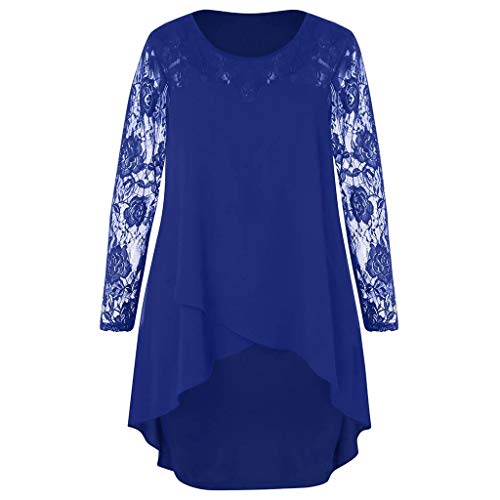 Women's Casual Plus Size Dress Sheer Lace Sleeve High Low Hem Dress O-Neck Swing Dress Blue - Thumbnail 4
