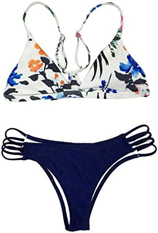 Women's Colorful Floral Print Strappy Padded Bikini Set Thong Sexy Swimwear