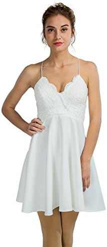 Women‘s Spaghetti Strap Padded Floral Lace Zipper Elegant V Neck Dress (Small, White)