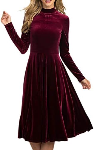 Womens Velvet Vintage Midi Dresses Long Sleeves Mock Neck Slim Pleated A Line Party Dress