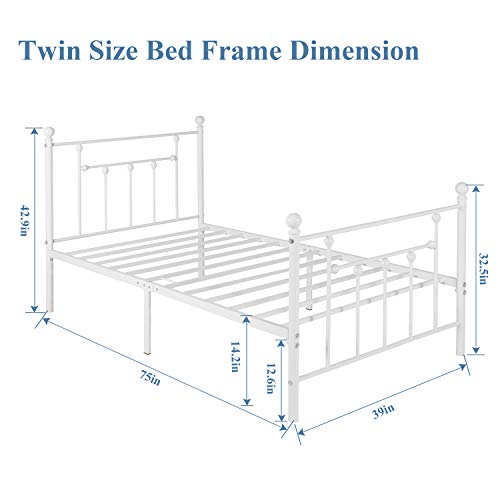 VECELO Classic Style Bed Frame Metal Platform Mattress Foundation for Kids Girls Boys Adults No Box Spring Needed with Steel Headboard & Footboard,Twin Size, White - Thumbnail 6