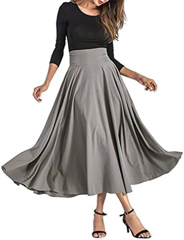 Women Black Blue Maxi Skirt Vintage Retro High Waist Pleated Belted Long Skirts Gray L