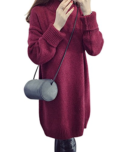 Sanifer Women Oversized Loose Knited Long Turtleneck Sweater Dress (Wine Red) Sanifer Women Oversized Loose Knited Long Turtleneck Sweater Dress (Wine Red)