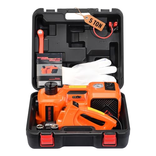 Electric Car Jack Kit 5 Ton 12V Floor Jack Portable Hydraulic Car Jack with Impact Wrench and Tire Inflator Pump for SUV Sedans Tire Change with LED Light, Lifting Height 6 to 17.7 Inch