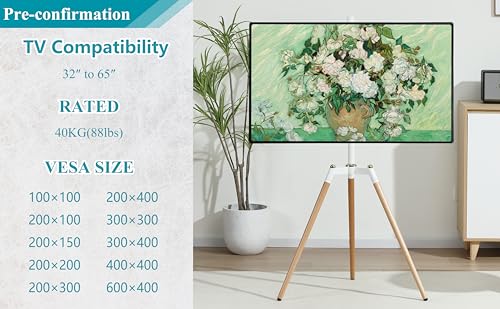 Fydeamer Floor TV Stand for 32-65 inches Screen Height Adjustable Studio Tripod Easel TV Display Stand with 140° Swivel for Bedroom, Living Room, Corner TV Stand White