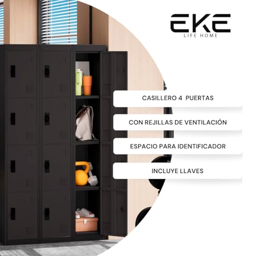 EKE Locker Metalico 185 X 38 X 45 Grande Almacenamiento Resistente Lockers Casilleros de Metal con Llave para Oficina Escuela Gimnasio o Casa (4 Puerta, Negro)