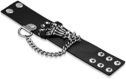 Genuine Black Leather Skeleton Bone Hand Skull Chain Link Snap Wristband Biker Bracelet Length: 8.8"