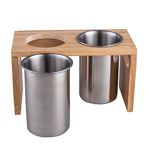 Flatware Organizer Caddy with Wood Base SUS304 Stainless Steel Cutlery Utensil Holder for Kitchen Countertop