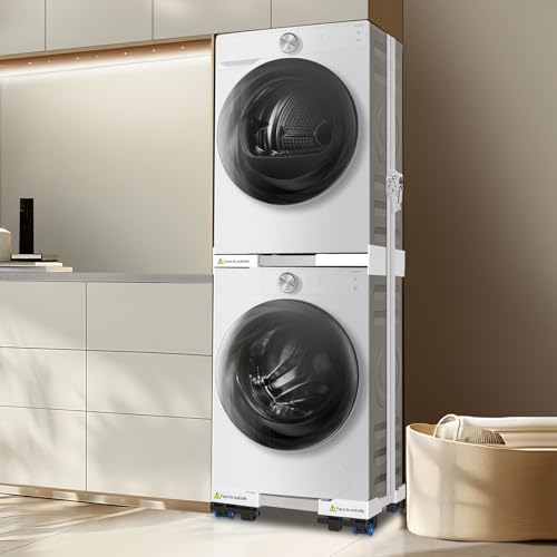 NIUXX Universal Connecting Frame and Base for Dryer and Washing Machine, Adjustable in Size with Ratchet Cable and Transport Wheels with Brake for Washing Machines and Dryers, Space Saving