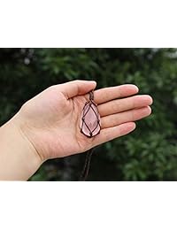 Mkono Macrame Crystal Necklace Rose Healing Quartz Macrame Necklace Wrapped Crystal Pendant Adjustable Hand Braided Boho Necklace Macrame for Women Men,Pink